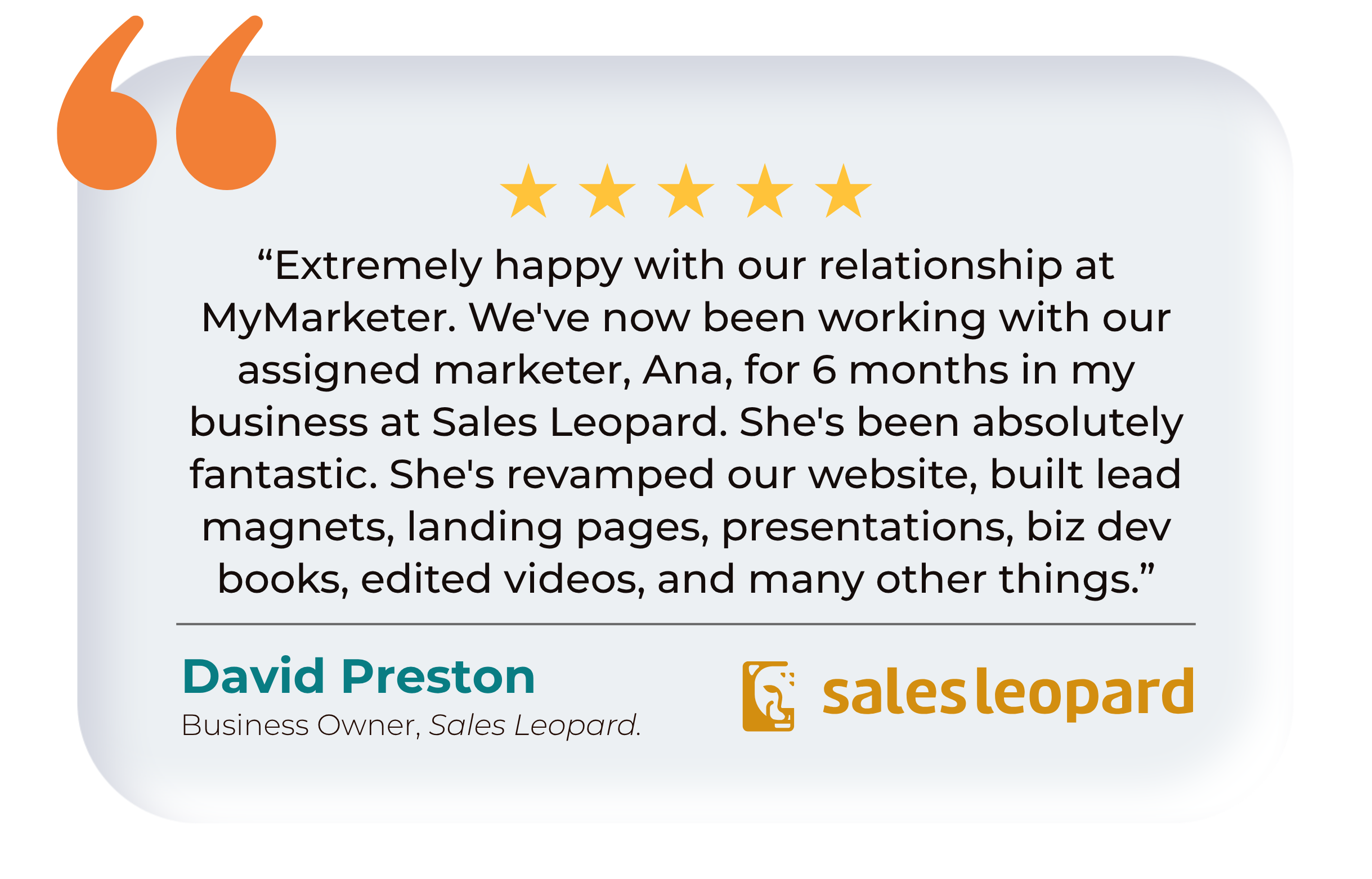 Testimonial from David Preston, Business Owner at Sales Leopard